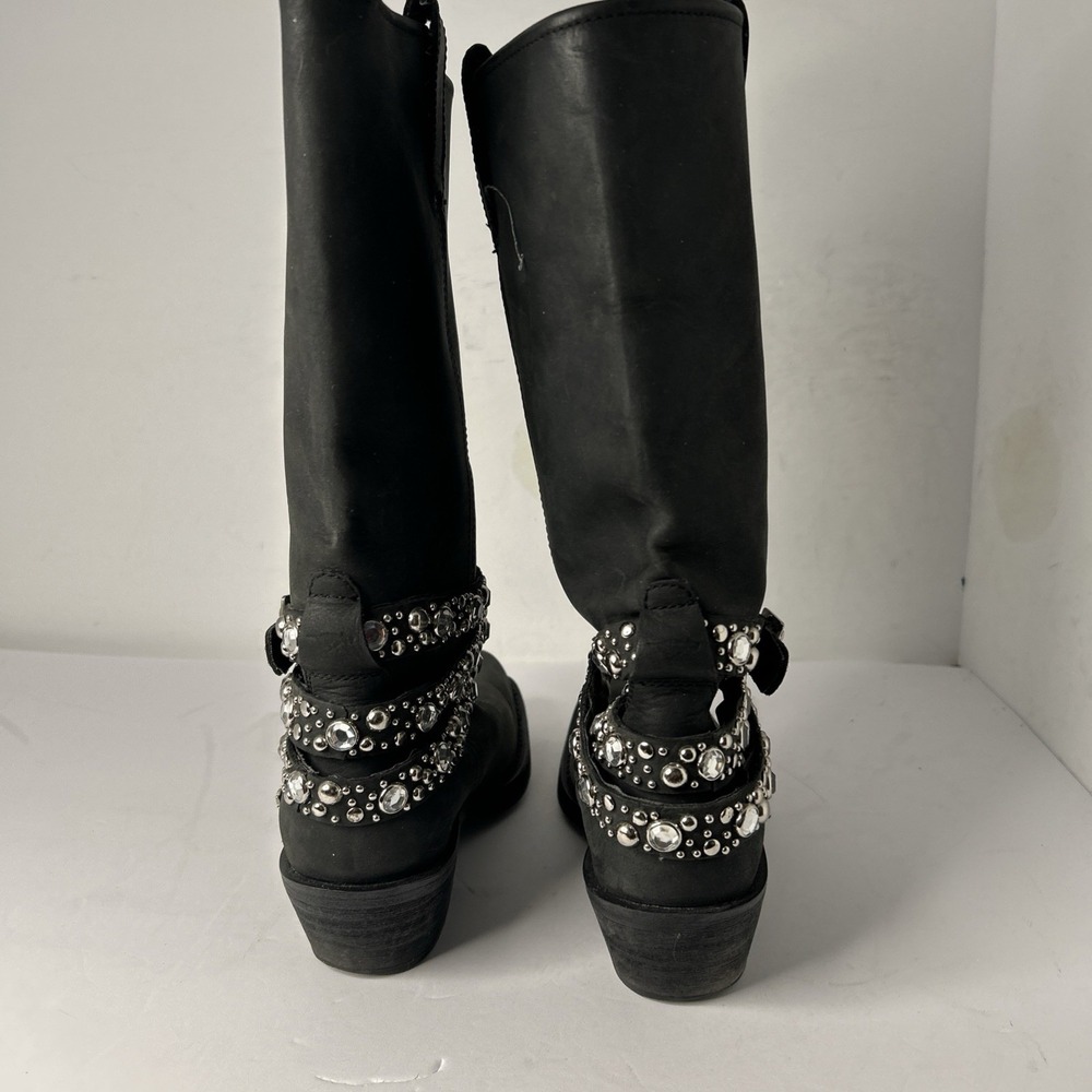 Sz 8 - ROCKET DOG Black Leather Silver Studded Rhinestone Buckle Biker Boots - Picture 8 of 15